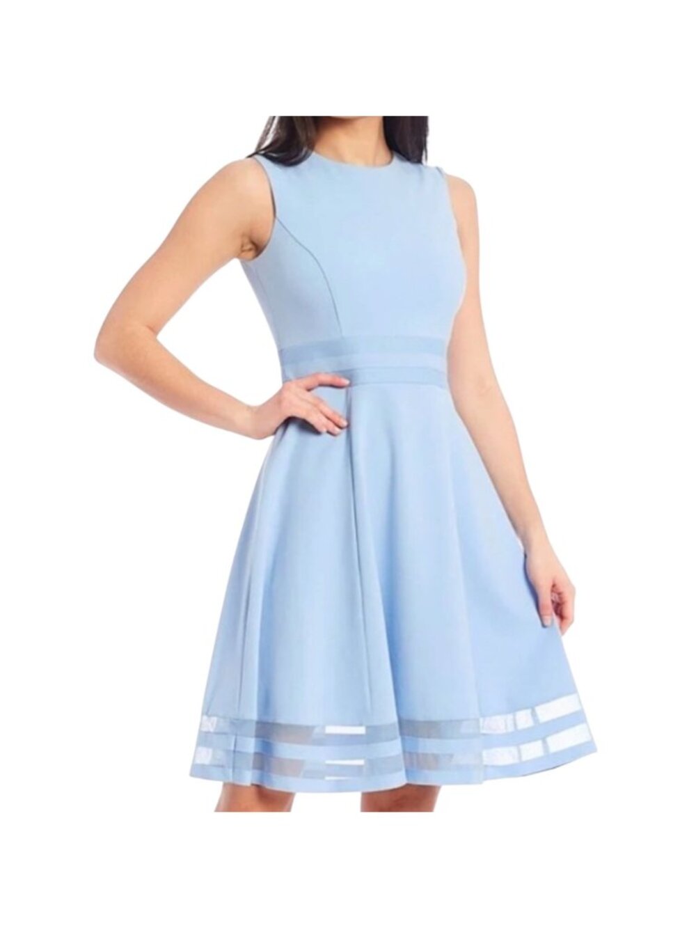 Calvin Klein Women's Blue Sleeveless A-Line Dress With Sheer Hem Detail Size 10